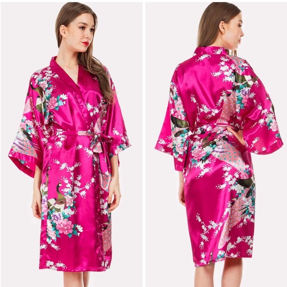 🌺 ROBE DUSTER FLOWER BOHO HOT PINK SILK LONG MAXI FLORAL LOUNGE SATIN COZY - Picture 2 of 5